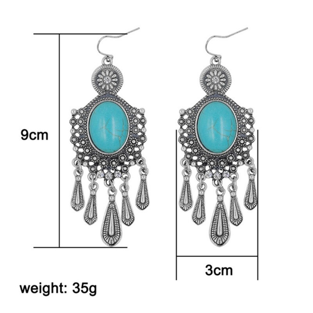 BE1 | Boho Long Turquoise Flower Drop Earrings - Picture 4 of 6